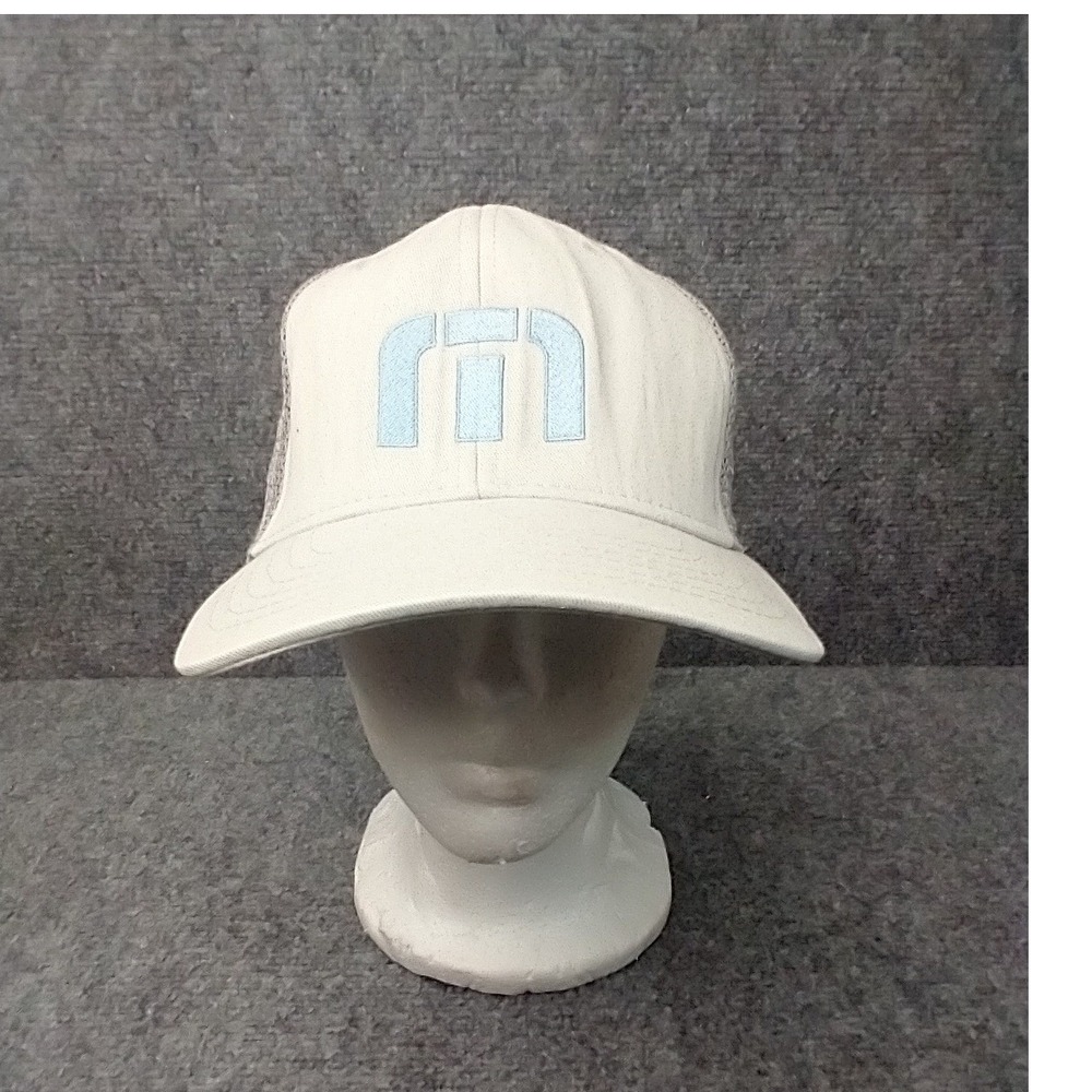 TravisMathew Trucker Hat Mens OSFM Cream Grey Mesh Snapback Short Par 4 1ML218S